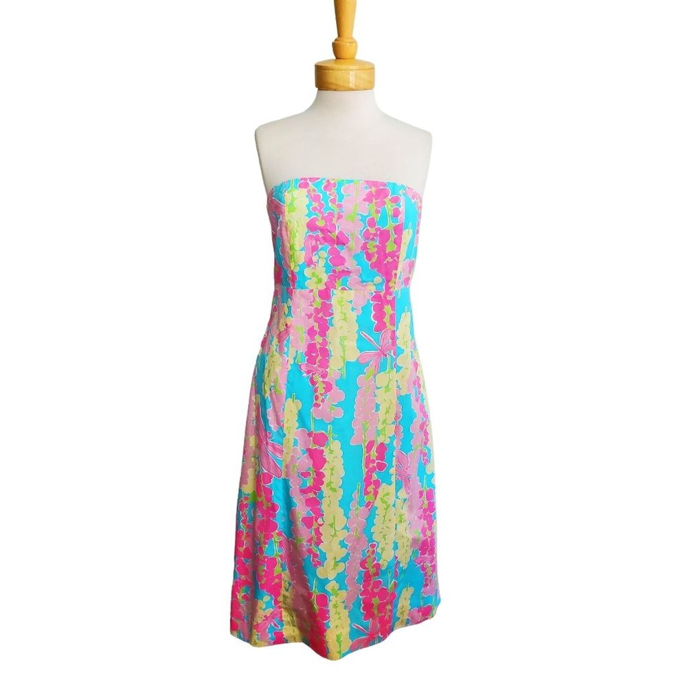 Lilly Pulitzer VTG SNAPPY DRAGONFLY Dress Strapless Tie-Back Cut-Out Sz 8